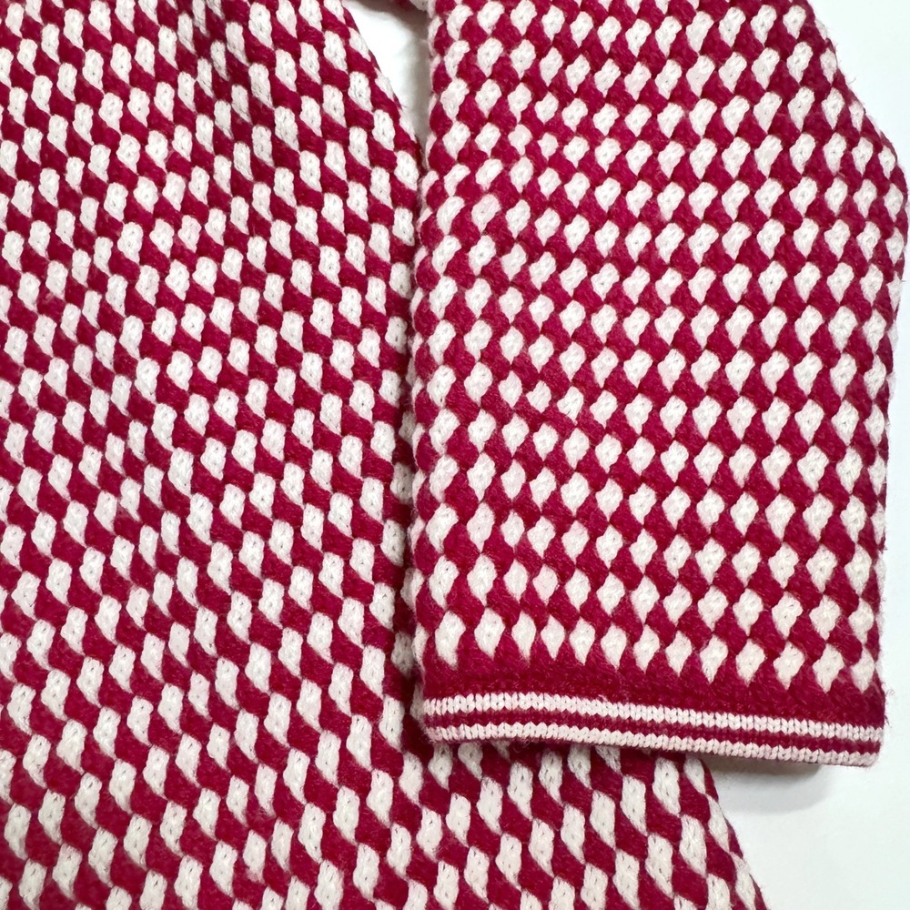 Talbots Longline Cardigan XL Red White Geometric Merino Wool Open Front Long - Picture 4 of 6